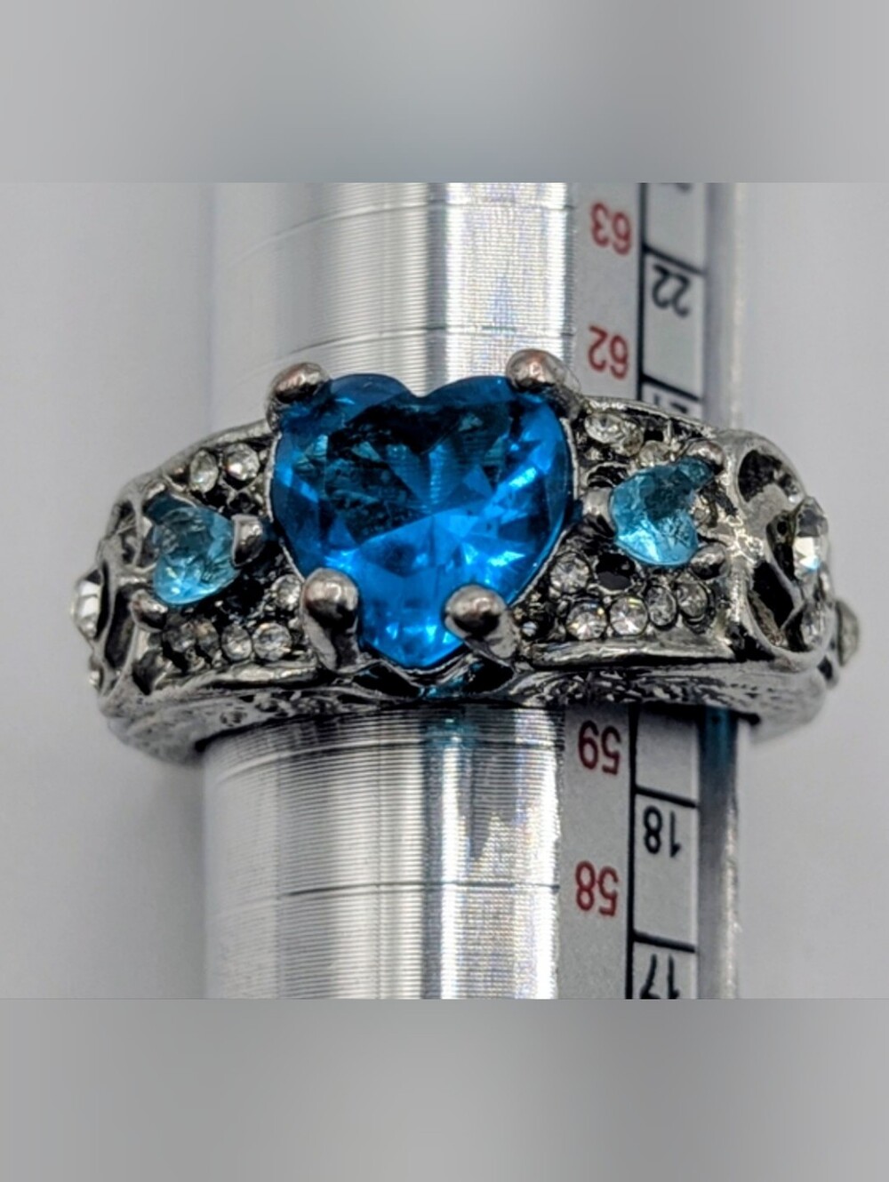 Blue Heart CZ Angel Wing Ring Silver Tone Size 9.25 Statement Promise Ring